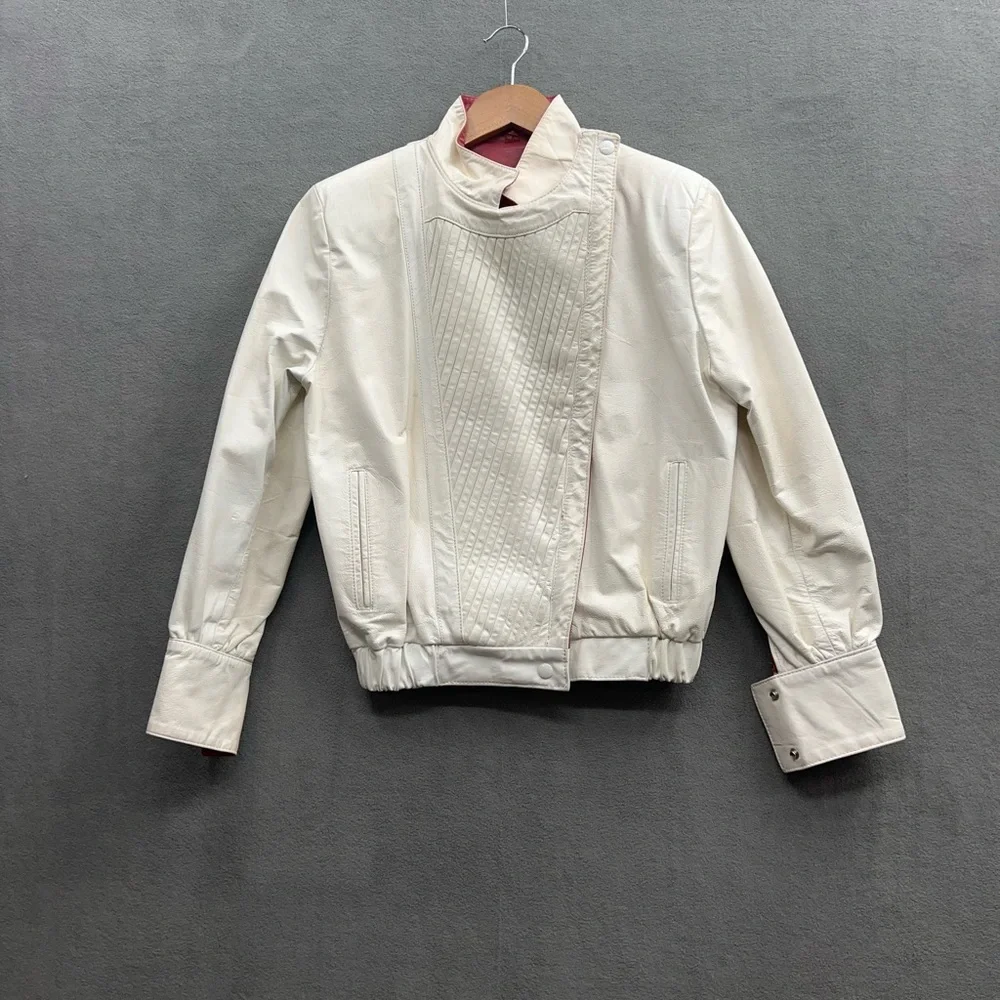 Vintage MARCO MORANI Size 5/6 Made In Argentina White & Red Leather Jacket 90s - Picture 1 of 6